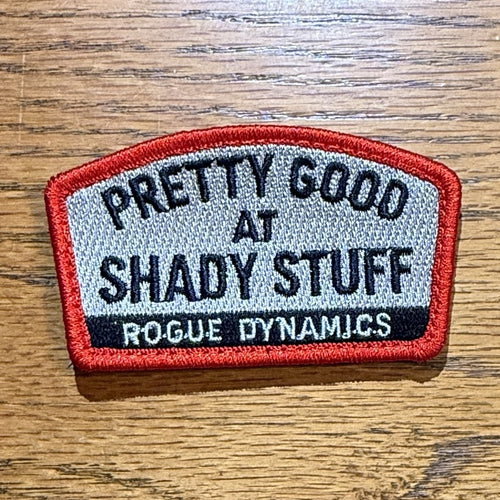 Pretty Good at Shady Stuff hook and loop patch by Rogue Dynamics, angled view